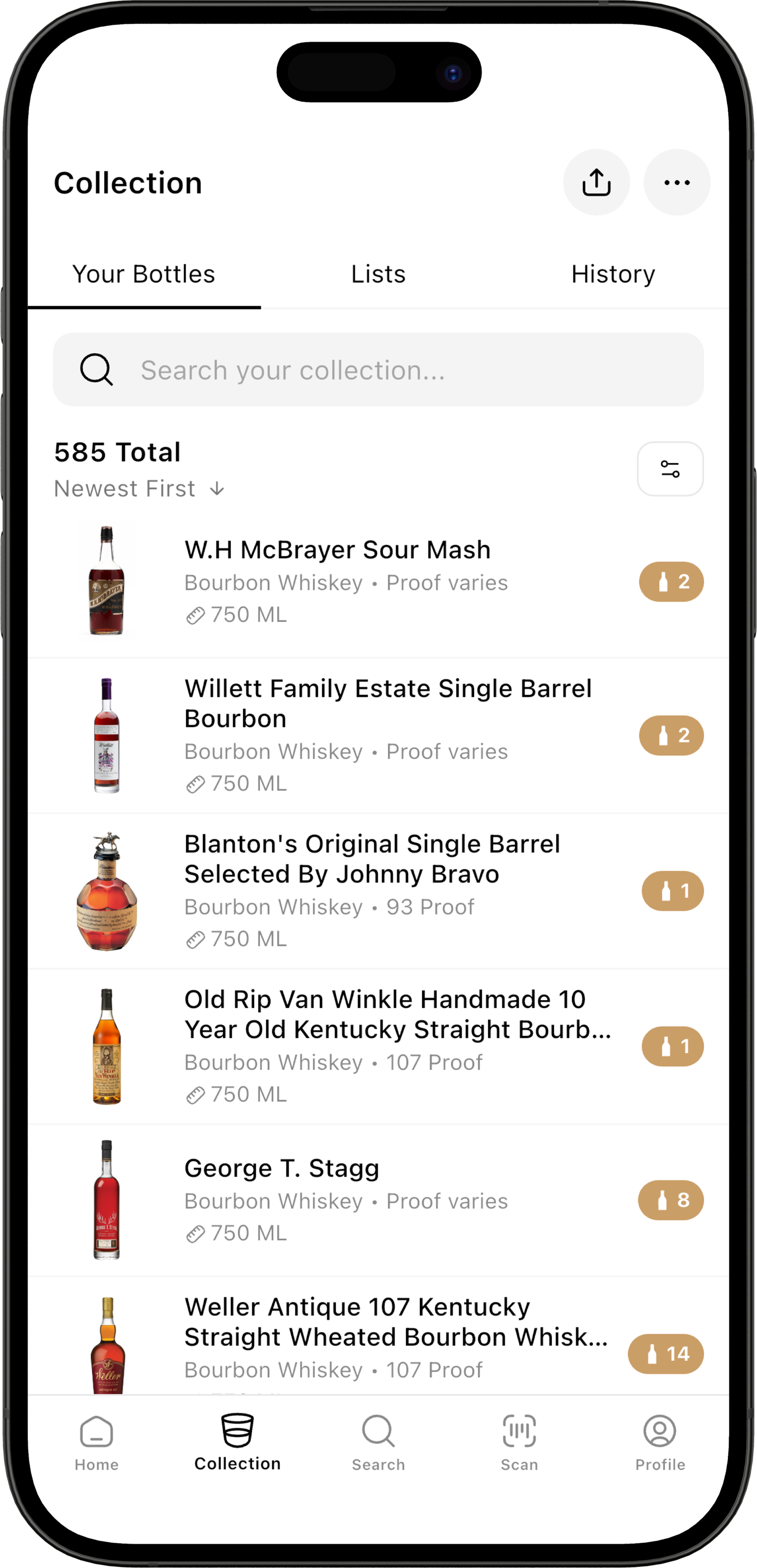 OnlyDrams collection view showing bottles organized in a grid