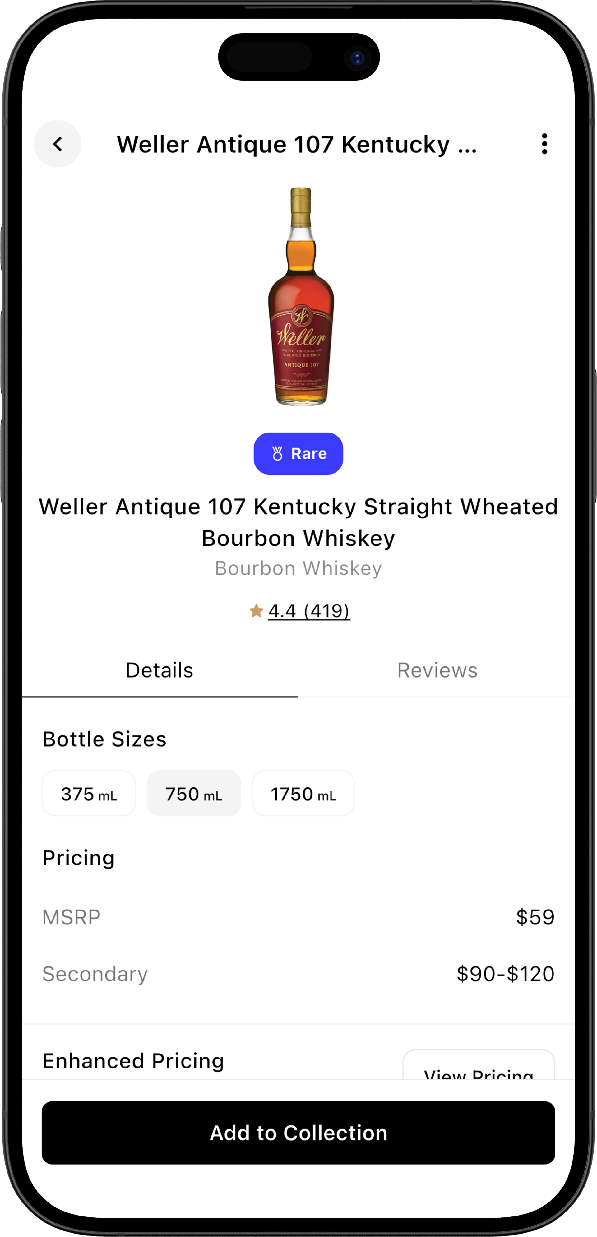 OnlyDrams bottle detail view with pricing and tasting notes