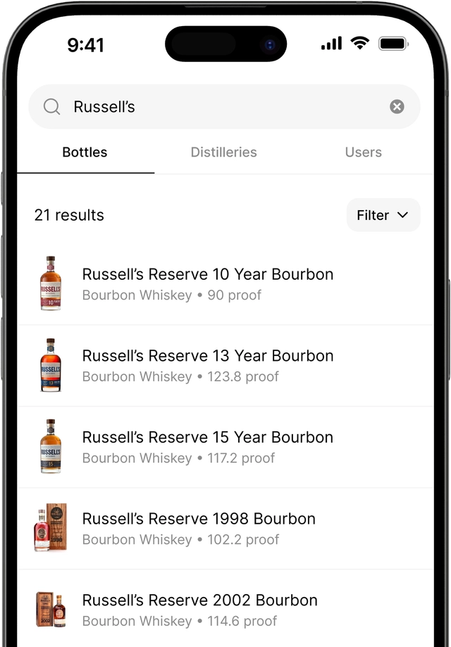 Mobile app screenshot showing whiskey search interface with filters