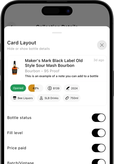 Mobile app screenshot showing collection customization options