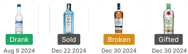 Shows few bottles with different dates and statues to indacate the history of the users collection